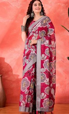 Wine linen floral printed casual saree with blouse piece 1