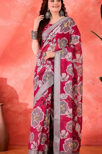 Wine linen floral printed casual saree with blouse piece