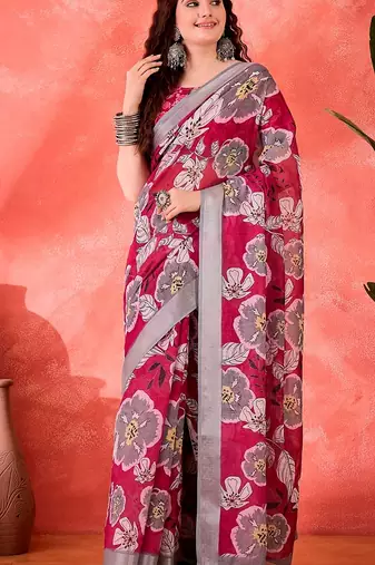 Wine linen floral printed casual saree with blouse piece