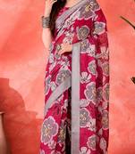 Wine linen floral printed casual saree with blouse piece