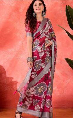Wine linen floral printed casual saree with blouse piece 2