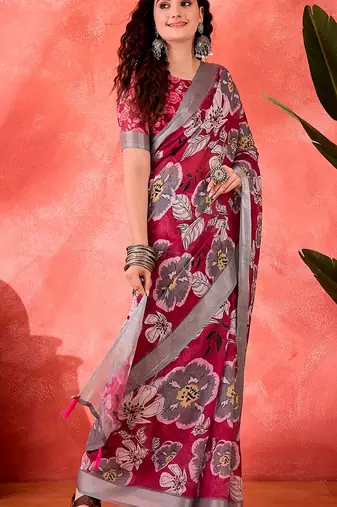 Wine linen floral printed casual saree with blouse piece