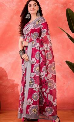Wine linen floral printed casual saree with blouse piece 3