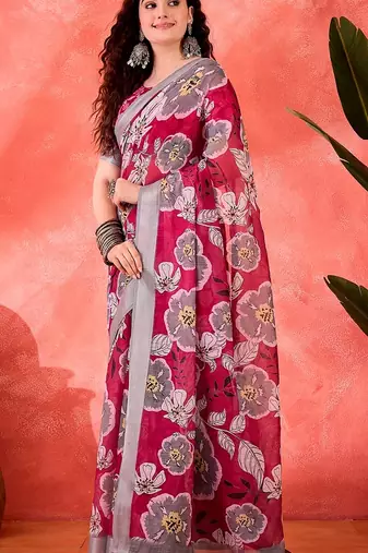 Wine linen floral printed casual saree with blouse piece