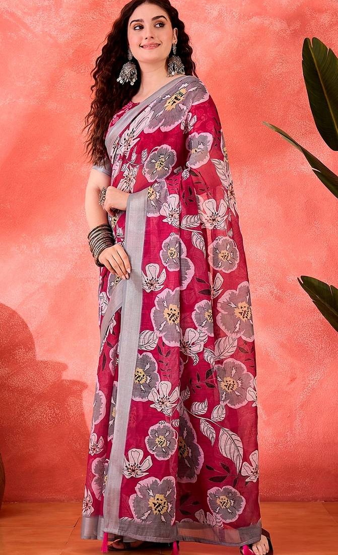 Wine linen floral printed casual saree with blouse piece