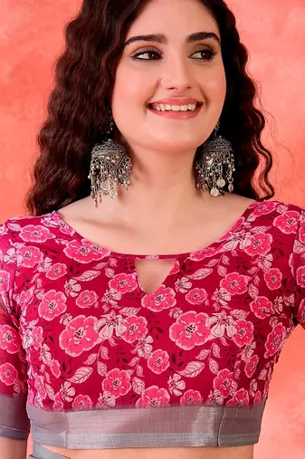 Wine linen floral printed casual saree with blouse piece