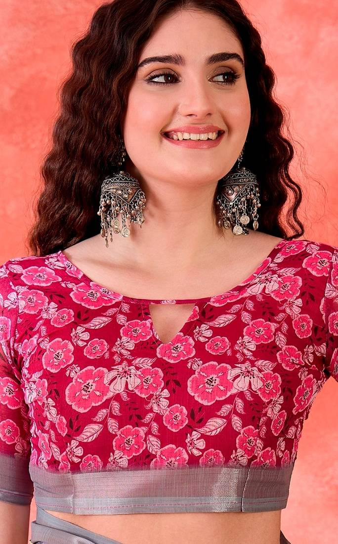 Wine linen floral printed casual saree with blouse piece