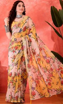 Yellow linen floral printed casual saree with blouse piece 1