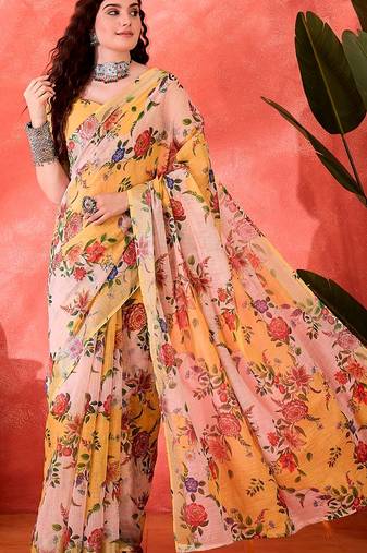 Yellow linen floral printed casual saree with blouse piece