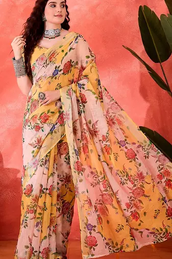 Yellow linen floral printed casual saree with blouse piece