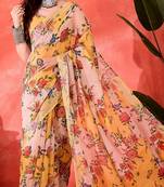 Yellow linen floral printed casual saree with blouse piece