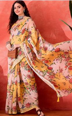 Yellow linen floral printed casual saree with blouse piece 2