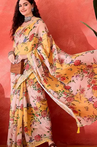 Yellow linen floral printed casual saree with blouse piece