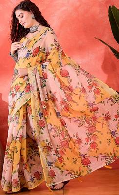Yellow linen floral printed casual saree with blouse piece 3