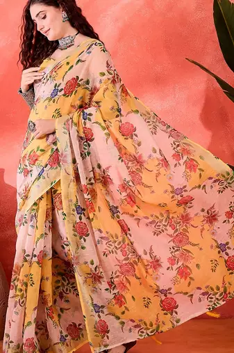 Yellow linen floral printed casual saree with blouse piece