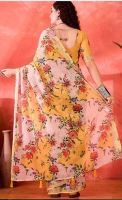Yellow linen floral printed casual saree with blouse piece 4