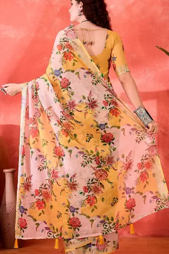 Yellow linen floral printed casual saree with blouse piece