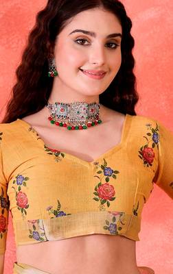 Yellow linen floral printed casual saree with blouse piece 5
