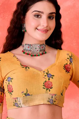 Yellow linen floral printed casual saree with blouse piece