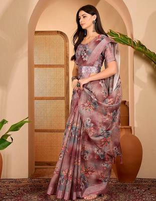 Pink linen floral printed casual saree with blouse piece 1
