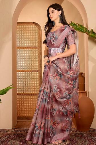 Pink linen floral printed casual saree with blouse piece