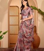 Pink linen floral printed casual saree with blouse piece