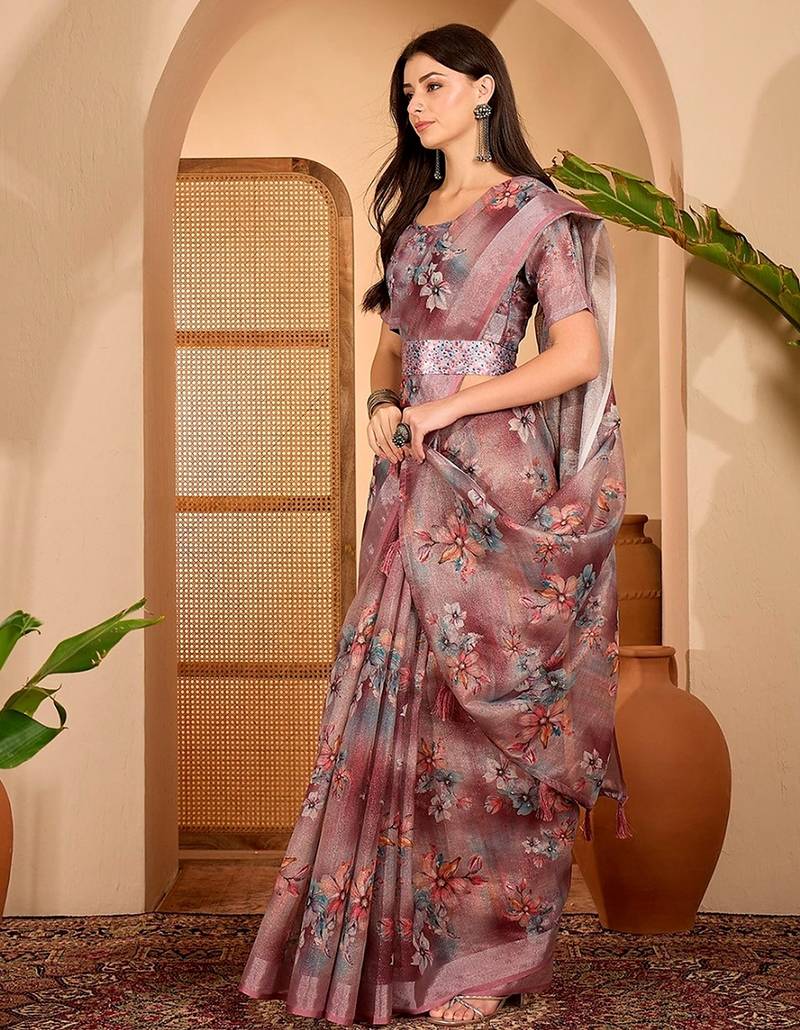 Pink linen floral printed casual saree with blouse piece