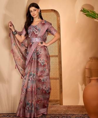 Pink linen floral printed casual saree with blouse piece 2