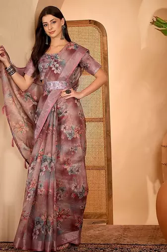 Pink linen floral printed casual saree with blouse piece