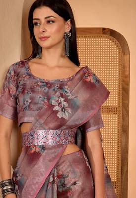 Pink linen floral printed casual saree with blouse piece 4