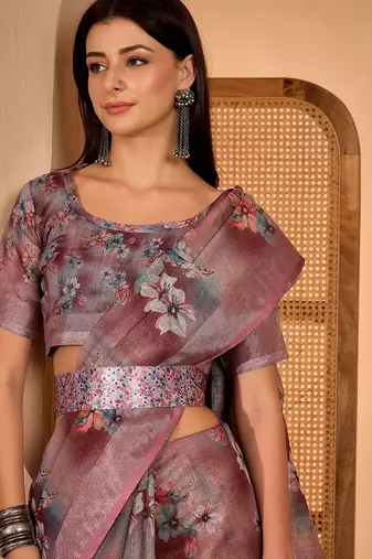 Pink linen floral printed casual saree with blouse piece