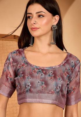 Pink linen floral printed casual saree with blouse piece 5