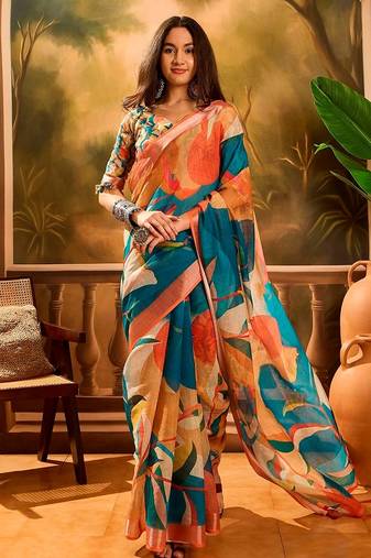 Multicolor linen floral printed casual saree with blouse piece