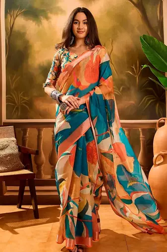 Multicolor linen floral printed casual saree with blouse piece