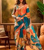 Multicolor linen floral printed casual saree with blouse piece
