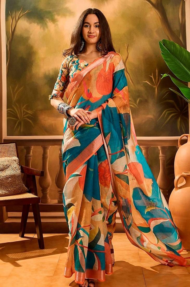 Multicolor linen floral printed casual saree with blouse piece