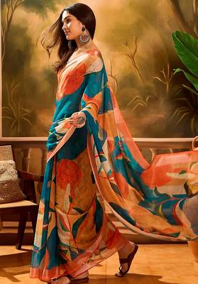 Multicolor linen floral printed casual saree with blouse piece 2