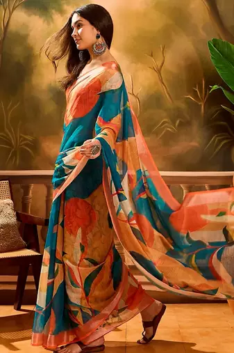 Multicolor linen floral printed casual saree with blouse piece