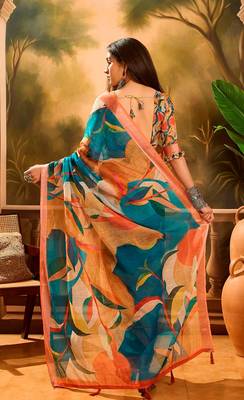 Multicolor linen floral printed casual saree with blouse piece 3