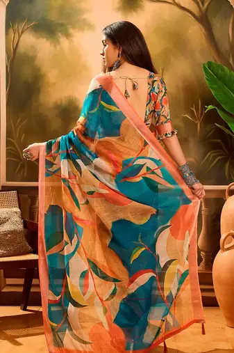 Multicolor linen floral printed casual saree with blouse piece