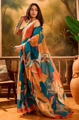 Multicolor linen floral printed casual saree with blouse piece 4