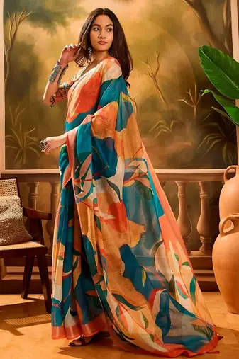 Multicolor linen floral printed casual saree with blouse piece