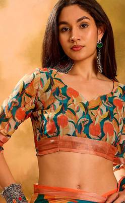 Multicolor linen floral printed casual saree with blouse piece 5