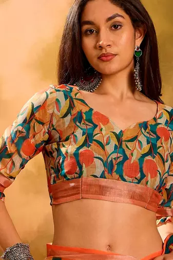 Multicolor linen floral printed casual saree with blouse piece