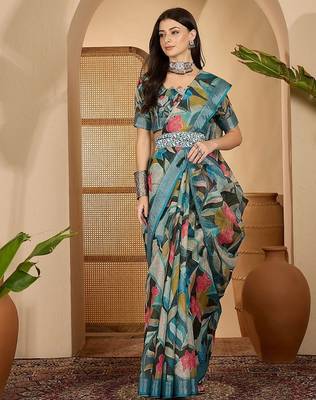 Blue linen floral printed casual saree with blouse piece 1