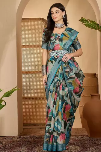 Blue linen floral printed casual saree with blouse piece
