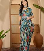 Blue linen floral printed casual saree with blouse piece