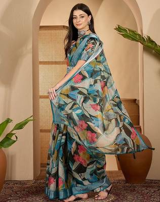 Blue linen floral printed casual saree with blouse piece 2