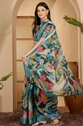 Blue linen floral printed casual saree with blouse piece