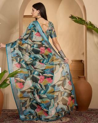 Blue linen floral printed casual saree with blouse piece 3